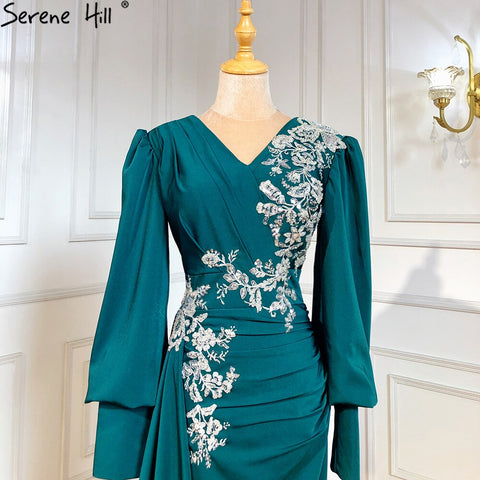 Robe de soirée sirène verte musulmane, élégante et luxueuse, en satin perlé, pour femmes, LA71491, 2025