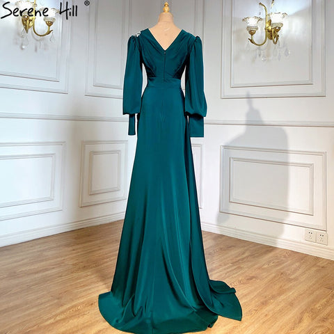 Robe de soirée sirène verte musulmane, élégante et luxueuse, en satin perlé, pour femmes, LA71491, 2025 