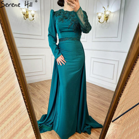 Robe de soirée sirène verte musulmane en satin, élégante et luxueuse, avec perles, pour femmes, LA71124, 2025 