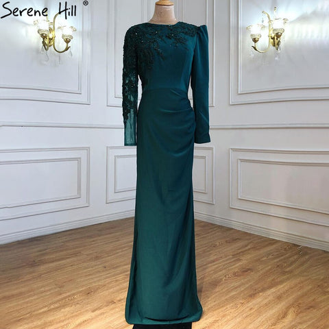 Robe de soirée sirène verte musulmane en satin, élégante et luxueuse, avec perles, pour femmes, LA71124, 2025 