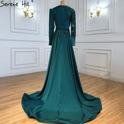 Robe de soirée sirène verte musulmane en satin, élégante et luxueuse, avec perles, pour femmes, LA71124, 2025 