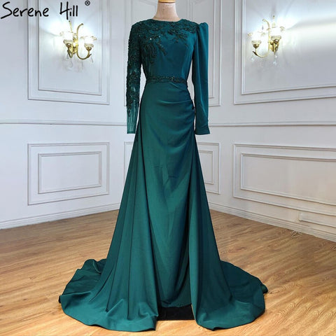 Robe de soirée sirène verte musulmane en satin, élégante et luxueuse, avec perles, pour femmes, LA71124, 2025 