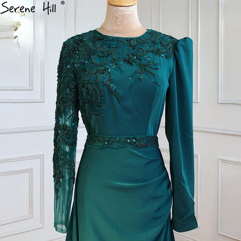 Robe de soirée sirène verte musulmane en satin, élégante et luxueuse, avec perles, pour femmes, LA71124, 2025 