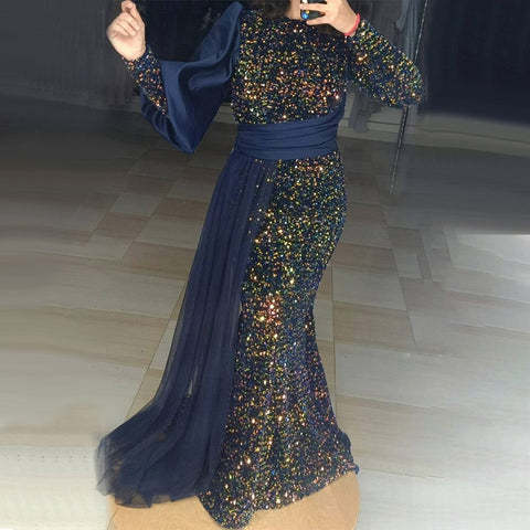 Robe sirène verte musulmane avec traîne scintillante, élégante et luxueuse, manches longues, pour femme, soirée 2025, LA71019 