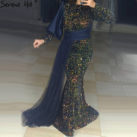 Robe sirène verte musulmane avec traîne scintillante, élégante et luxueuse, manches longues, pour femme, soirée 2025, LA71019 