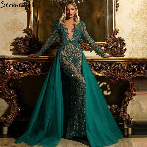 Robe de soirée musulmane verte avec traîne, style sirène, perles, élégante et luxueuse, pour femmes, LA71107, 2025 