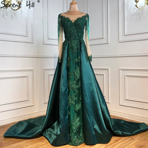 Robe de soirée musulmane verte avec traîne, en satin, manches longues, luxueuse, pour femme, LA70792 
