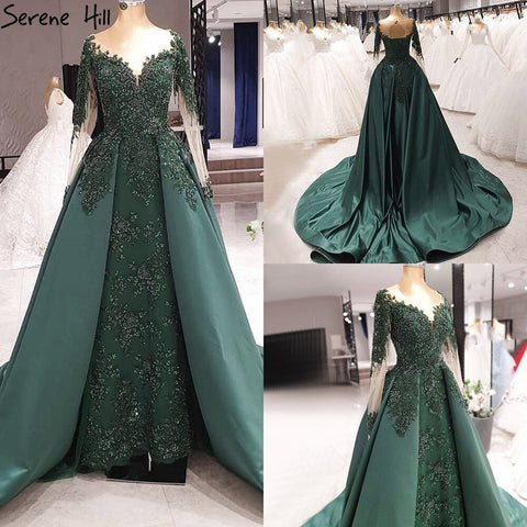 Robe de soirée musulmane verte avec traîne, en satin, manches longues, luxueuse, pour femme, LA70792 
