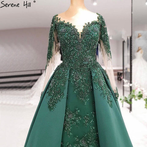 Robe de soirée musulmane verte avec traîne, en satin, manches longues, luxueuse, pour femme, LA70792 