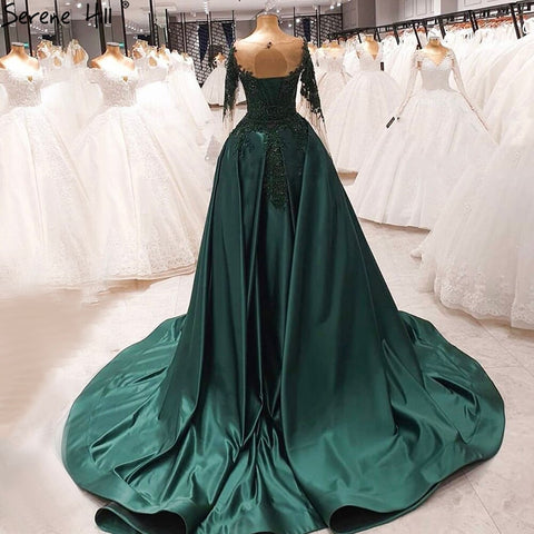Robe de soirée musulmane verte avec traîne, en satin, manches longues, luxueuse, pour femme, LA70792 