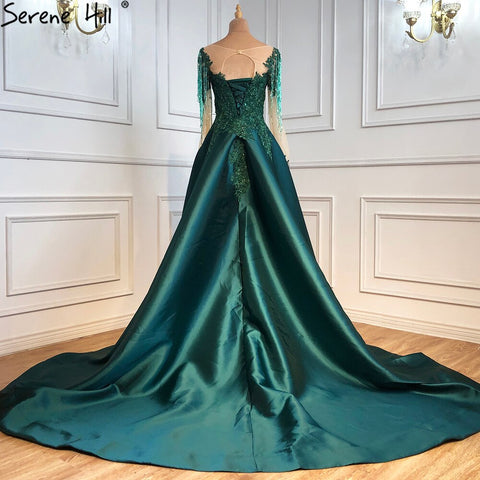 Robe de soirée musulmane verte avec traîne, en satin, manches longues, luxueuse, pour femme, LA70792 