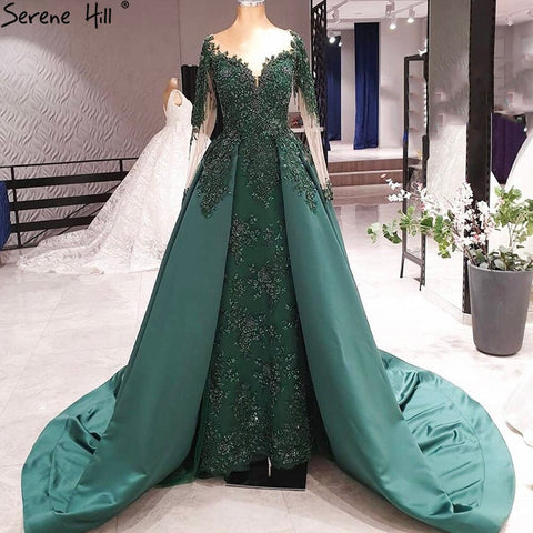Robe de soirée musulmane verte avec traîne, en satin, manches longues, luxueuse, pour femme, LA70792 