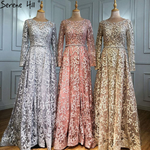 Robe de soirée trapèze grise musulmane, luxueuse, en dentelle et perles, pour femme, idéale pour un mariage, modèle 2025, LA71211 