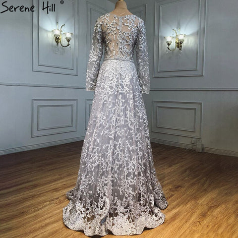 Robe de soirée trapèze grise musulmane, luxueuse, en dentelle et perles, pour femme, idéale pour un mariage, modèle 2025, LA71211 