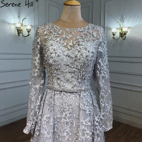 Robe de soirée trapèze grise musulmane, luxueuse, en dentelle et perles, pour femme, idéale pour un mariage, modèle 2025, LA71211 