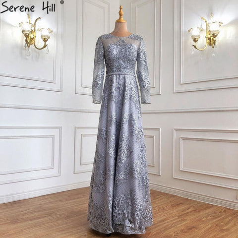 Robe de soirée trapèze grise musulmane, luxueuse, en dentelle perlée, pour femme, tenue de mariage, LA71308, 2025 