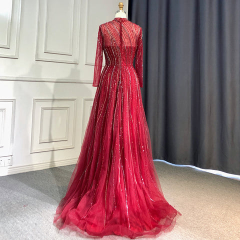 Robe de soirée grise style musulman, coupe trapèze, col haut, manches longues, luxueuse, perlée, pour femmes, LA71692, 2025 