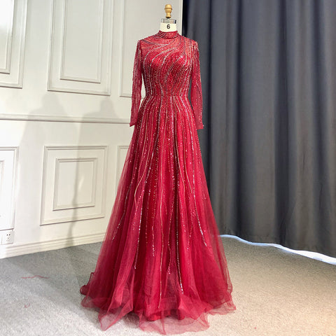 Robe de soirée grise style musulman, coupe trapèze, col haut, manches longues, luxueuse, perlée, pour femmes, LA71692, 2025 