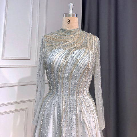 Robe de soirée grise style musulman, coupe trapèze, col haut, manches longues, luxueuse, perlée, pour femmes, LA71692, 2025 