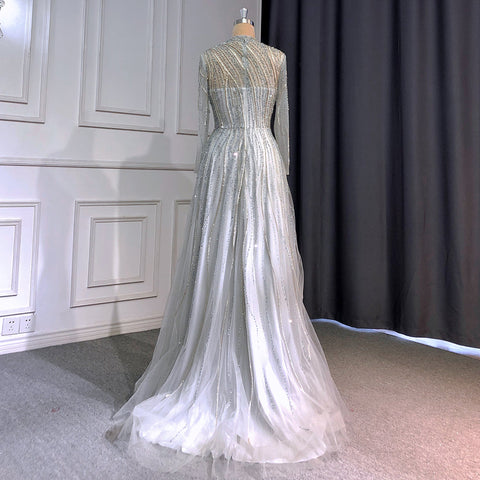 Robe de soirée grise style musulman, coupe trapèze, col haut, manches longues, luxueuse, perlée, pour femmes, LA71692, 2025 