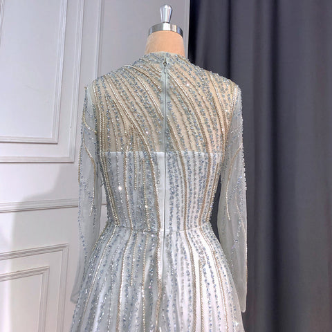 Robe de soirée grise style musulman, coupe trapèze, col haut, manches longues, luxueuse, perlée, pour femmes, LA71692, 2025 