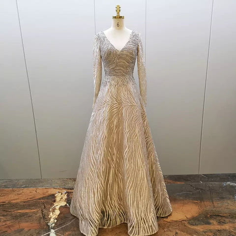 Robe de soirée musulmane grise, coupe trapèze, sexy, col en V, luxueuse, ornée de perles, pour femmes, 2025, LA71802 