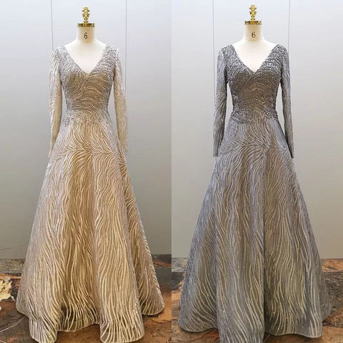 Robe de soirée musulmane grise, coupe trapèze, sexy, col en V, luxueuse, ornée de perles, pour femmes, 2025, LA71802 