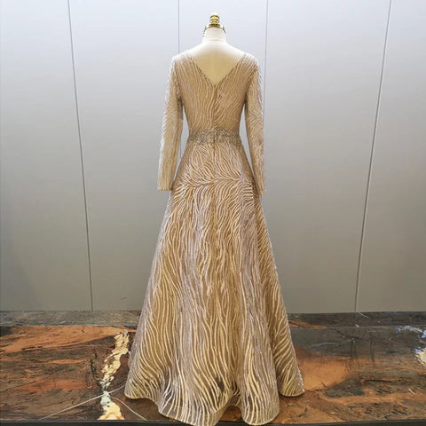 Robe de soirée musulmane grise, coupe trapèze, sexy, col en V, luxueuse, ornée de perles, pour femmes, 2025, LA71802 