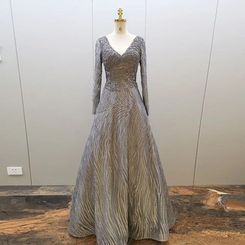 Robe de soirée musulmane grise, coupe trapèze, sexy, col en V, luxueuse, ornée de perles, pour femmes, 2025, LA71802 