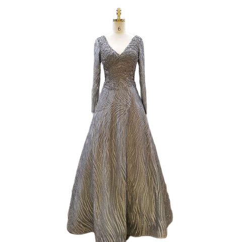Robe de soirée musulmane grise, coupe trapèze, sexy, col en V, luxueuse, ornée de perles, pour femmes, 2025, LA71802 