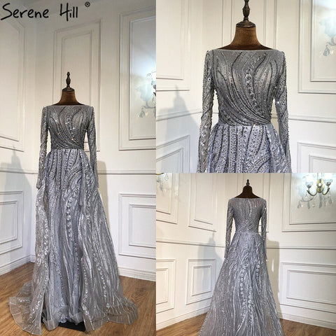 Robe de soirée sirène grise à perles et surjupe, élégante pour femmes musulmanes, grande taille, LA70836 