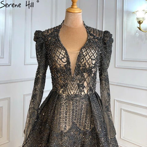 Robe de soirée de luxe grise style musulman, coupe trapèze, avec perles, pour femme, tenue de mariage, LA71126, 2025 