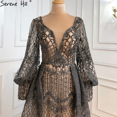 Robe de soirée sirène grise de luxe avec traîne et perles pour femme musulmane, modèle LA71056, 2025 