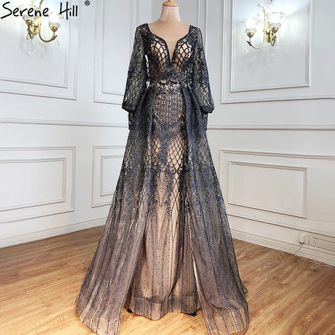 Robe de soirée sirène grise de luxe avec traîne et perles pour femme musulmane, modèle LA71056, 2025 