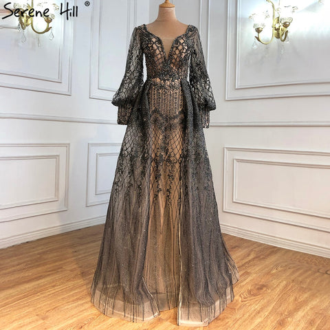 Robe de soirée sirène grise de luxe avec traîne et perles pour femme musulmane, modèle LA71056, 2025 
