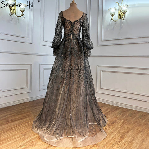 Robe de soirée sirène grise de luxe avec traîne et perles pour femme musulmane, modèle LA71056, 2025 