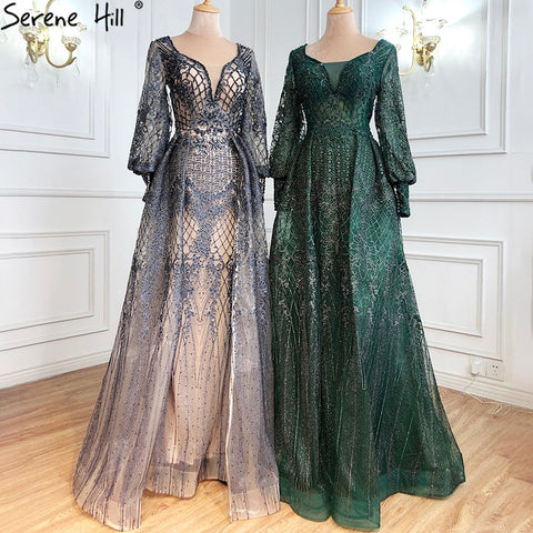 Robe de soirée sirène grise de luxe avec traîne et perles pour femme musulmane, modèle LA71056, 2025 