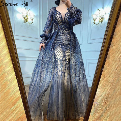 Robe de soirée sirène grise de luxe avec traîne et perles pour femme musulmane, modèle LA71056, 2025 