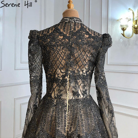 Robe de soirée longue grise élégante pour femme musulmane, coupe trapèze, avec perles, LA71126, 2025 