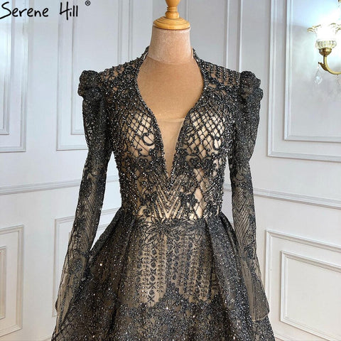 Robe de soirée longue grise élégante pour femme musulmane, coupe trapèze, avec perles, LA71126, 2025 