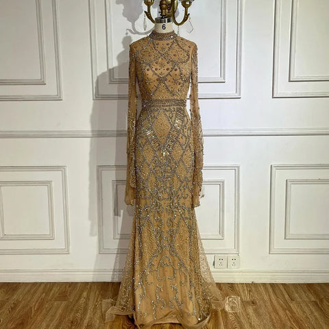 Robe de soirée longue style sirène grise, élégante, couleur chair, manches cape, perles, luxueuse, Dubaï, 2025, pour femmes, LA72316 