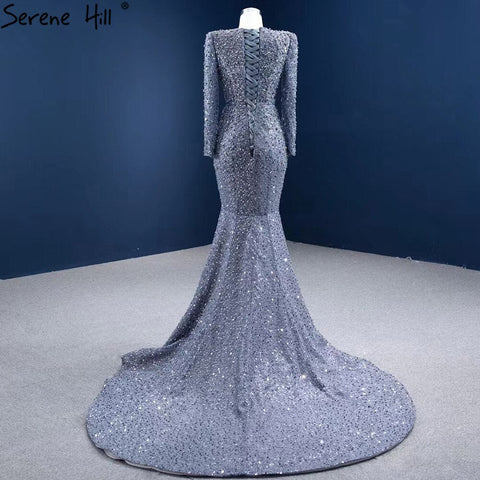 Robe de soirée sirène grise musulmane 2025, élégante robe de soirée de luxe perlée HM67272 