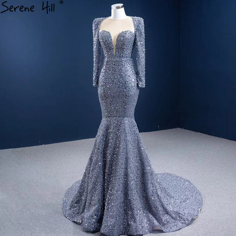Robe de soirée sirène grise musulmane 2025, élégante robe de soirée de luxe perlée HM67272 