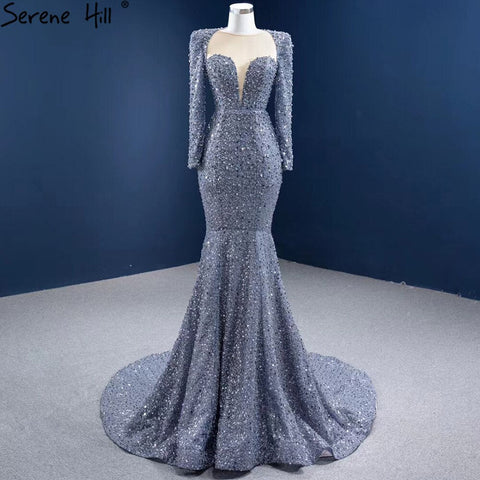Robe de soirée sirène grise musulmane 2025, élégante robe de soirée de luxe perlée HM67272 