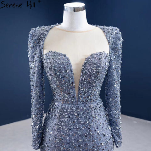 Robe de soirée sirène grise musulmane 2025, élégante robe de soirée de luxe perlée HM67272 
