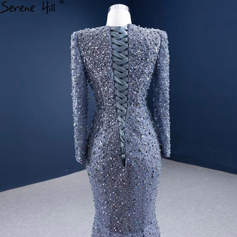 Robe de soirée sirène grise musulmane 2025, élégante robe de soirée de luxe perlée HM67272 