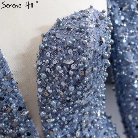 Robe de soirée sirène grise musulmane 2025, élégante robe de soirée de luxe perlée HM67272 