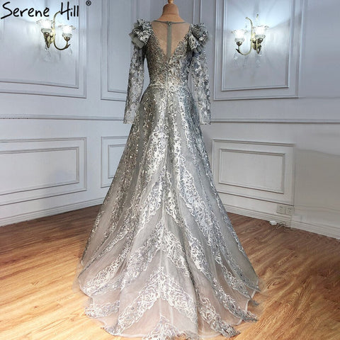 On Sale no return no refund Muslim Grey Mermaid Evening Dresses Gowns 2025 Lace Beaded Crystal With Overskirt For Woman Party  LA71172