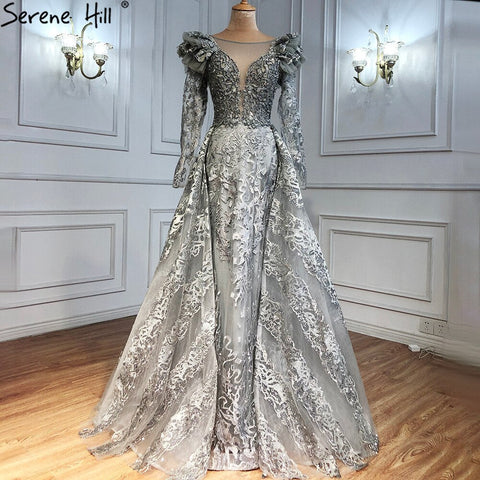 On Sale no return no refund Muslim Grey Mermaid Evening Dresses Gowns 2025 Lace Beaded Crystal With Overskirt For Woman Party  LA71172