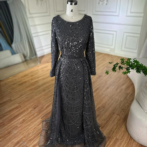 Robe de soirée sirène grise musulmane ornée de perles, pour une occasion formelle, LA72032H 2025